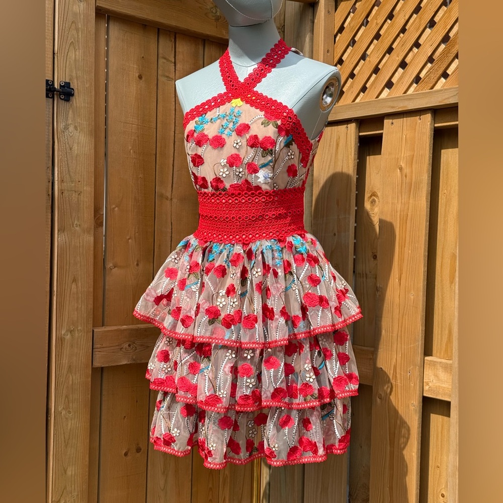 🆕 BRONX & BANCO 🧿 NWOT Ivanka Embroidered Red Ruffled Mini Dress, Sz XS US 2 - Picture 4 of 16